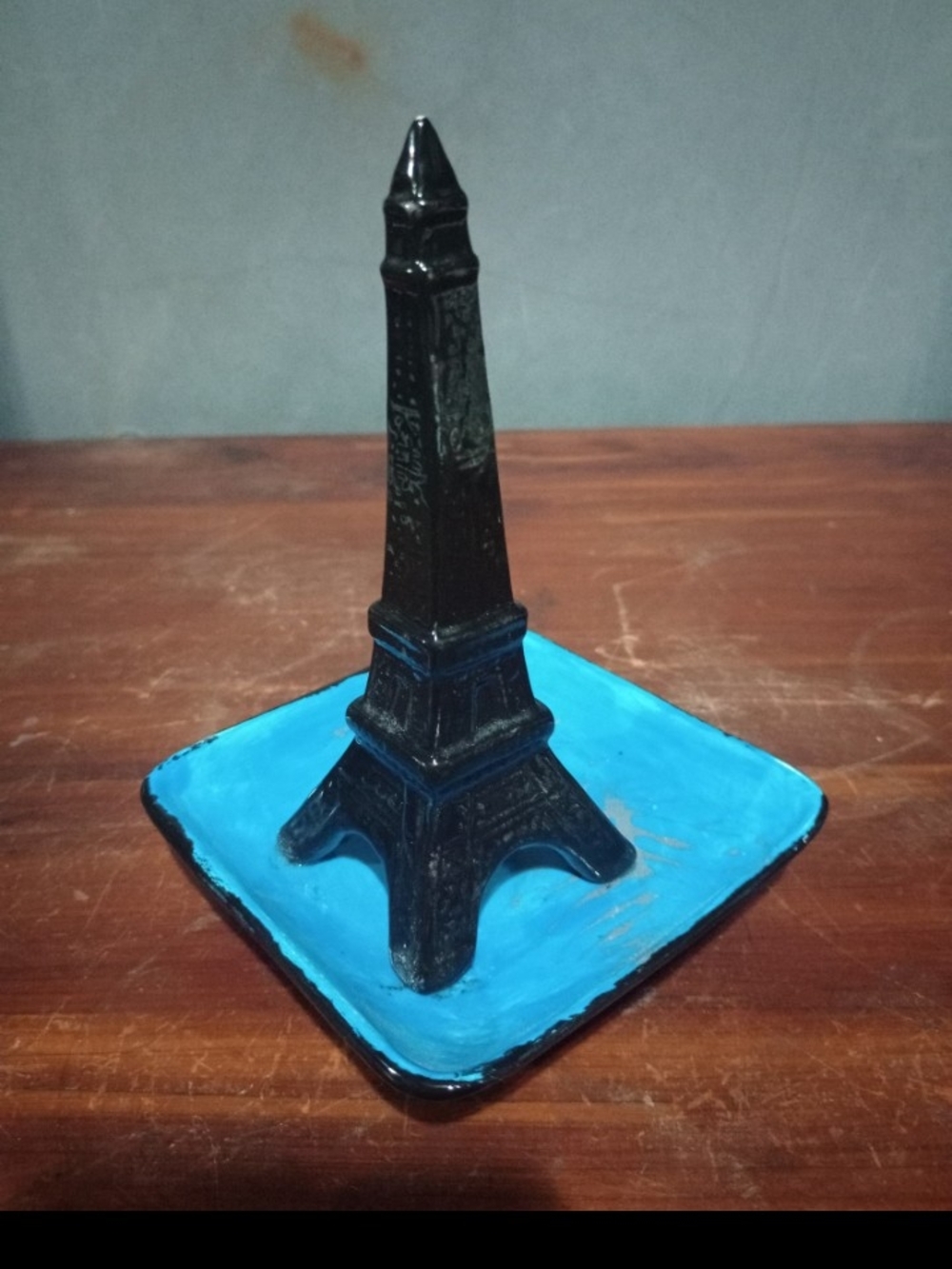 Black Eiffel Tower Decorative Sculpture on Blue Tray - Home Art